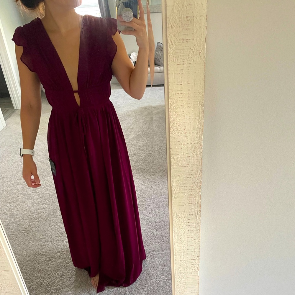 Lulu’s “I’m All Yours” Burgundy Low cut full length dress